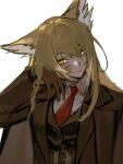  1girl absurdres animal_ears arknights black_coat blonde_hair brown_gloves coat collared_shirt commentary_request fox_ears fox_girl gloves highres korean_commentary necktie orrga red_necktie scar scar_on_cheek scar_on_face shirt simple_background solo vulpisfoglia_(arknights) white_background white_shirt yellow_eyes 