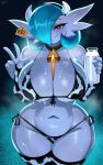 5:8 absurd_res animal_print big_breasts bikini biped blue_hair breasts clothed clothing container cow_print ear_piercing ear_tag female front_view gardevoir generation_3_pokemon hair hair_over_eye hi_res holding_container holding_object humanoid legwear milk nintendo not_furry piercing pokemon pokemon_(species) sana!rpg shiny_pokemon side-tie_bikini string_bikini swimwear thick_thighs thigh_highs two-piece_swimsuit wide_hips