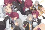  2girls absurdres black_gloves black_jacket box cardboard_box carrying closed_eyes closed_mouth commentary commission english_commentary eyewear_on_head fafayu gloves grey_hair hand_on_another's_head highres honkai:_star_rail honkai_(series) in_box in_container jacket kafka_(honkai:_star_rail) kiss kissing_forehead multiple_girls princess_carry purple_eyes purple_gloves purple_hair second-party_source shirt simple_background sleeping smile stelle_(honkai:_star_rail) sunglasses trailblazer_(honkai:_star_rail) white_background white_shirt yuri zzz 
