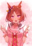  07nono06 1girl animal_ears ascot blush breasts brown_hair flower-shaped_pupils flower_in_eye highres horse_ears horse_girl looking_at_viewer open_mouth pink_ascot pink_eyes pink_vest pink_wrist_cuffs puffy_short_sleeves puffy_sleeves purple_eyes sakura_laurel_(saisir_le_reve)_(umamusume) sakura_laurel_(umamusume) shirt short_hair short_sleeves smile solo symbol-shaped_pupils symbol_in_eye umamusume upper_body vest wrist_cuffs 