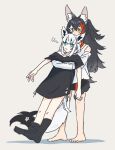  2girls :< absurdres animal_ear_fluff animal_ears barefoot black_shirt black_socks blue_eyes fox_ears fox_girl fox_tail grey_background highres hololive looking_at_another looking_down multiple_girls no_shoes ookami_mio ookami_mio_(hoodie) pohitashi_(team_tategami) ponytail shirakami_fubuki shirakami_fubuki_(loungewear) shirt socks tail virtual_youtuber wolf_ears wolf_girl wolf_tail yellow_eyes 