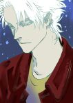  1boy bleach blue_background highres hitsugaya_toushirou hitsugaya_toushirou_(adult) jacket kubo_tite looking_at_viewer male_focus official_artist_extra red_jacket shirt simple_background snowing solo white_hair yellow_shirt 