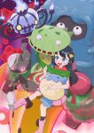  1girl :d absurdres banette black_hair black_socks blue_eyes blush boots carnivine chandelure commentary_request dawn_(pokemon) hair_ornament hairclip highres holding holding_pokemon long_hair mega_banette midorimaru on_lap open_mouth pink_boots pokemon pokemon_(creature) pokemon_diamond/pearl/platinum pokemon_on_lap regigigas scarf sitting skirt smile socks spheal tangrowth teeth upper_teeth_only 