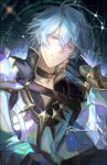  1boy antenna_hair aries_(constellation) armor black_background black_gloves black_shirt blue_background blue_cape blue_eyes cape chest_strap choker coat commentary constellation english_commentary fingerless_gloves gloves gold_trim gradient_background highres honkai:_star_rail honkai_(series) male_focus neck_tattoo phainon_(honkai:_star_rail) shirt short_hair shoulder_armor single_glove sky sleeve_cuffs solo sparkle star_(sky) star_trail starry_sky sun_symbol tatonxry tattoo twitter_username white_coat white_hair 