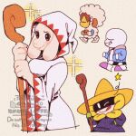  1girl 1other 2boys black_mage_(final_fantasy) black_mage_(final_fantasy)_(cosplay) blue_jacket brown_eyes commentary_request cosplay frisk_(undertale) fuafuakko furry furry_female goat_girl grin hat highres holding holding_staff hood hood_up hooded_robe horizontal_pupils horns jacket multiple_boys one_eye_closed robe sans_(undertale) shaded_face sheep sheep_horns skeleton smile sparkle staff tongue tongue_out toriel undertale utdr_(toby_fox) white_mage_(final_fantasy) white_mage_(final_fantasy)_(cosplay) white_robe wide_sleeves witch_hat 