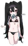  1girl aqua_nails bikini black_bikini black_hair breasts collar commentary_request expressionless hair_intakes highres leash leash_in_mouth long_hair looking_at_viewer luna_(nashi) mouth_hold nashi_(shi_ra_nu_i) navel original pokemon red_eyes simple_background slit_pupils small_breasts solo swimsuit team_rocket thigh_gap very_long_hair white_background 