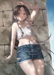  1girl against_wall alternate_costume black_hair blue_shorts blue_sky brown_eyes cloud commentary_request denim denim_shorts hair_down kantai_collection leaning_on_wall long_hair midriff nisshin_(kancolle) shirt shorts sky solo strapless strapless_shirt thick_eyebrows toka_(marchlizard) tube_top white_tube_top 