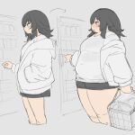  1girl arrow_(symbol) bags_under_eyes basket big_belly black_eyes black_hair black_shorts blush breasts closed_mouth covered_navel fat feet_out_of_frame from_side grey_background hand_in_pocket highres holding holding_basket jacket long_sleeves looking_to_the_side medium_breasts medium_hair nimo_(b45ui) open_clothes open_jacket original parted_lips partially_colored profile shirt shopping shopping_basket shorts simple_background standing t-shirt thick_thighs thighs weight_gain 