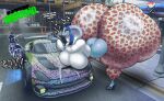 anthro bent_over big_breasts big_butt blue_body blue_hair bottomwear breasts butt car clothing crowundeadcat english_text fangs female footwear hair hi_res high_heels huge_breasts huge_butt huge_hips huge_thighs hyper hyper_butt non-mammal_breasts open_mouth pants question_mark reptile scalie shirt shoes snake solo ssilmarie_(trinity-fate62) teeth text thick_thighs topwear vehicle wide_hips