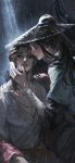  2boys absurdres all_wishes_come_true! arm_wrap black_hair black_hat blue_hanfu cal_shixiaozhao chinese_clothes chinese_commentary closed_mouth coat commentary_request facial_hair half_updo hand_on_another's_cheek hand_on_another's_face hand_on_another's_head hanfu hat high_ponytail highres jewelry layered_sleeves long_hair long_sleeves looking_at_another looking_at_viewer lv_dongbin_(all_wishes_come_true!) male_focus multiple_boys mustache_stubble necklace off_shoulder open_clothes open_coat orange_sash parted_lips ponytail rain red_coat red_sash sash sidelocks sitting straw_hat stubble upper_body wet wet_clothes white_hanfu yaoi zhongli_quan_(all_wishes_come_true!) 