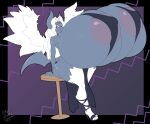 anthro areola big_breasts breasts clothing dress female footwear furniture generation_6_pokemon grey_body grey_eyes hair half-closed_eyes hi_res high_heels huge_breasts hyper hyper_breasts ineffective_clothing looking_at_viewer mega_absol mega_evolution narrowed_eyes nintendo pokemon pokemon_(species) purple_areola shoes sitting solo stool vant_talon white_hair wings