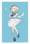  1girl absurdres beret blonde_hair blue_background blush border closed_eyes commentary_request dress full_body gloves gonzalez_(machita_chima) hand_on_own_chest hat highres machita_chima machita_chima_(sailor_dress) medium_hair nijisanji simple_background sparkle tenpi_(hello_3152) thick_eyebrows virtual_youtuber white_border white_dress white_gloves 