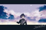  1boy absurdres black_hair black_jacket cloud commentary_request dated gakuran grey_sky hair_between_eyes highres jack_jeanne jacket letterboxed liio_oiil long_sleeves looking_at_viewer male_focus mutsumi_kai outdoors partial_commentary school_uniform short_hair sky solo wide_shot 