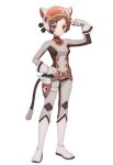  1girl animal_ears anime_coloring arm_up belt belt_buckle boots breasts brown_eyes brown_hair buckle closed_mouth fake_animal_ears fake_tail full_body gloves gun hand_on_own_hip helmet highres looking_at_viewer magical_girl mahou_shoujo_ikusei_keikaku mahou_shoujo_ikusei_keikaku_restart official_art second-party_source short_hair simple_background smile solo spacesuit standing tail transparent_background weapon yumenoshima_genopsycho 