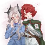  2girls ;( ^_^ amo20839453 belt belt_pouch blue_jacket blush brown_belt cape closed_eyes commentary finger_to_cheek frown gauntlets green_cape grey_eyes grey_hair grin hair_ornament hand_up head_tilt heart highres jacket locked_arms long_hair low_ponytail marsha_(reverse:1999) military_uniform multiple_girls one_eye_closed ponytail pouch red_hair reverse:1999 sentinel_(reverse:1999) shirt short_hair side-by-side smile speech_bubble spoken_heart untranslatable_commentary upper_body white_background white_shirt yuri 