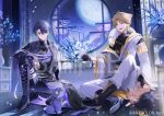  2boys :d animal animalization arm_on_knee black_boots black_capelet black_gloves black_shirt boots brown_hair capelet cherry_blossoms commentary company_name copyright_notice earrings falling_petals fingerless_gloves first_aid_kit flower fur_shawl fushimi_gaku gloves green_eyes indoors japanese_clothes jewelry kenmochi_touya kimono kimono_partially_removed knee_boots knee_up kushiro_kuki lace-up_boots long_sleeves looking_at_another magatama male_focus moon multicolored_hair multiple_boys night nijisanji off_shoulder official_alternate_costume official_art omamori open_mouth pants person_and_animalization petals pouch purple_hair sample_watermark shawl shirt short_hair sitting slit_pupils smile streaked_hair vambraces virtual_youtuber watermark weapon_bag white_flower white_kimono white_pants white_streaks wide_sleeves yellow_eyes 