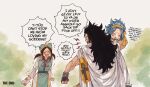  1boy 2girls black_hair blue_hair blush brown_hair carrying carrying_person clenched_hand closed_mouth commentary english_text fairy_tail fingerless_gloves flying_sweatdrops gajeel_redfox gloves headband holding holding_letter letter levy_mcgarden long_hair multiple_girls rusky speech_bubble yellow_headband 