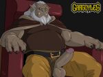 ashbearfox_(artist) beard belt belt_buckle buckle chair circumcised claws disney erection facial_hair folded_wings furniture gargoyle gargoyles genitals hair hi_res hudson_(gargoyles) humanoid male penis penis_poking_out penis_through_fly sitting solo white_hair wings