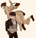 1boy 1girl arm_around_another's_waist bag birthday_cake black_hair black_jacket black_pants breasts brown_bag brown_eyes brown_hair brown_jacket brown_pants brown_shoes cake carrying commentary eyepatch food grey_shirt hange_zoe hetero highres holding holding_cake holding_food jacket kviuy_rs levi_(shingeki_no_kyojin) medium_breasts medium_hair open_mouth orange_sweater pants parted_bangs ponytail ribbed_sweater shingeki_no_kyojin shirt shoes short_hair shoulder_carry simple_background suit_jacket sweater twitter_username untranslatable_commentary 
