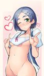  blue_hair blush bow bow_panties breasts censored collarbone green_eyes groin hair_ornament hairclip halftone halftone_background heart highres holding holding_panties kantai_collection kuroshio_(kantai_collection) medium_breasts mosaic_censoring naked_shirt navel one_eye_closed open_clothes open_shirt panties panties_removed shirt short_hair short_sleeves solo stomach taketora_suzume underboob underwear white_panties 