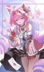  1girl absurdres afterimage ahoge animal_ear_fluff animal_ears bare_shoulders blue_hair blush breasts cat_ears colored_inner_hair commentary_request denia_(wuthering_waves) detached_sleeves gloves hair_intakes highres kemonomimi_mode leaning_forward long_hair looking_at_viewer medium_breasts multicolored_hair open_mouth pink_hair purple_eyes red_gloves skirt solo tinyfrog41 white_skirt wuthering_waves 
