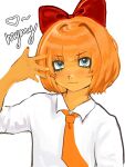  1girl absurdres blue_eyes bow colored_skin hair_bow hand_up heart highres mymy_schoppenboer nail_polish necktie non-web_source ongezellig orange_hair orange_skin portrait short_hair smile solo white_background 