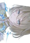  1boy absurdres androgynous artist_name ascot blonde_hair blue_eyes bright_pupils commentary_request crystal diamond-shaped_pupils diamond_(shape) frills gem genshin_impact hair_between_eyes highres ikhor_(genshin_impact) jewelry kurage_67 looking_at_viewer male_focus open_mouth pendant shirt short_hair simple_background solo symbol-shaped_pupils upper_body white_ascot white_background white_pupils white_shirt yellow_gem 