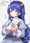  1girl absurdres ahoge amamiya_kokoro amamiya_kokoro_(2nd_costume) bell beret blue_dress blue_hat blue_ribbon blush commentary_request creature dress fang hair_bell hair_intakes hair_ornament hat highres holding holding_creature long_hair lunch_boxer neck_ribbon neko_(amamiya_kokoro) nijisanji parted_lips ribbon sidelocks simple_background skin_fang upper_body very_long_hair virtual_youtuber white_background x_hair_ornament yellow_eyes 