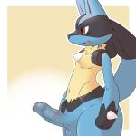 1:1 2020 3_fingers anthro balls biped black_inner_ear black_markings blue_balls blue_penis blue_tail blush blush_lines border canid chest_spike digital_drawing_(artwork) digital_media_(artwork) erection facial_markings fangs fingers foreskin generation_4_pokemon genitals glans glistening glistening_eyes glistening_genitalia glistening_penis gloves_(marking) gradient_background hand_spike head_markings hi_res humanoid_genitalia humanoid_penis lucario male male_anthro mammal markings mask_(marking) navel neck_tuft nintendo nude nude_anthro nude_male open_mouth outline outside_border partially_retracted_foreskin penis pink_glans pointy_ears pokemon pokemon_(species) prick_ears pu_sukebe red_eyes side_view simple_background solo spikes spikes_(anatomy) standing tail teeth tuft vein veiny_penis white_background white_border white_outline yellow_background