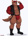 abs absurd_res anthro backwards_baseball_cap backwards_hat baseball_cap brown_body brown_fur canid canine canis clothing domestic_dog flexing flexing_bicep fur hat headgear headwear hi_res ianicine jacket jammydawg jock jockstrap letterman_jacket male mammal muscular muscular_male simple_background smile smirk solo topwear underwear white_background