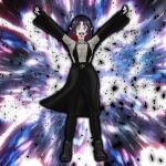  1girl 3d aura black_dress breasts dark_aura dress fingerless_gloves fishnets gloves highres meela_(the_wild_blue) mixed_media multicolored_hair navel non-web_source outstretched_arms purple_hair red_eyes red_hair self-upload sharp_teeth sideboob spread_arms teeth the_wild_blue vroid 