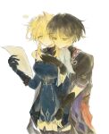  1boy 1girl armor belt black_gloves black_hair black_shirt black_shorts black_thighhighs blank_speech_bubble blonde_hair blue_bow blue_bowtie blue_dress blunt_ends bow bowtie breasts cape cleavage_cutout closed_mouth clothing_cutout cowboy_shot dress expressionless eyes_visible_through_hair flower fur-trimmed_gloves fur_trim genshin_impact gloves grey_eyes hair_between_eyes hair_flower hair_ornament hand_up hetero highres holding holding_paper hug hug_from_behind japanese_armor jellyfish_cut kote kurokote kyumiya large_breasts long_sleeves looking_at_another looking_at_object lumine_(genshin_impact) lumine_(night_hunt_in_snow)_(genshin_impact) official_alternate_costume paper purple_belt red_cape ribbon rope scaramouche_(genshin_impact) scaramouche_(harbinger)_(genshin_impact) shirt short_dress short_hair short_sleeves shorts shoulder_armor sidelocks simple_background speech_bubble standing sweatdrop thighhighs vietnamese_commentary waist_cape white_background white_cape white_flower white_ribbon yellow_eyes zettai_ryouiki 
