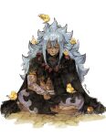  1boy 1girl abs acnologia barefoot bird closed_eyes commentary dark-skinned_male dark_skin facial_mark fairy_tail highres indian_style long_hair rusky sidelocks sitting solo twitter_username 