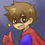  1boy alternate_costume artist_name black_eyes black_mask blush bright_pupils brown_hair cape commentary domino_mask double-parted_bangs english_commentary eye_mask gloves hair_between_eyes hero_(faraway)_(omori) hero_(omori) highres looking_at_viewer male_focus mask omori open_mouth red_cape red_gloves short_hair smile solo starlyfnnctn teeth thumbs_up twitter_username upper_teeth_only white_pupils 