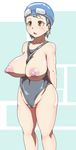  1girl areolae bare_shoulders blush breasts breasts_outside brown_eyes cameltoe crown495 grey_hair large_breasts nipples open_mouth original pubic_hair puffy_nipples short_hair solo standing swimsuit 