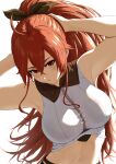  1girl :o absurdres adjusting_hair ahoge armpits arms_up black_bow blush bow breasts collared_shirt commentary cropped_shirt crossed_bangs eris_greyrat eris_greyrat_(adult) hair_between_eyes hair_bow hands_in_own_hair high_ponytail highres large_breasts long_hair looking_at_viewer mushoku_tensei navel ponytail red_eyes red_hair shirt simple_background sleeveless sleeveless_shirt solo tying_hair very_long_hair white_background white_shirt yurasa 