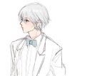  1boy blue_bow blue_bowtie bow bowtie closed_mouth collared_shirt commentary_request grey_eyes jack_jeanne male_focus pace_(kanna) partially_colored shirota_mitsuki shirt short_hair simple_background solo upper_body white_background white_hair 