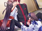  1boy 2girls akashima_ayumu fellatio game_cg handjob indoors multiple_girls oral penis sakaue_tsukyou sakaue_youko tenkuu_no_yumina 