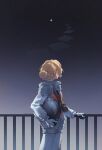  1girl astronaut blonde_hair chumbits commentary cowboy_shot english_commentary facing_away from_side hair_bun hand_on_railing helmet highres holding holding_unworn_helmet kiperina looking_to_the_side night outdoors railing reverse:1999 sky solo space_helmet spacesuit star_(sky) starry_sky unworn_headwear unworn_helmet 