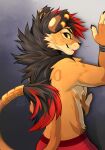 2026 absurd_res accessory anthro blep bracelet cheek_tuft claws clothed clothed_anthro clothed_male clothing digital_media_(artwork) ear_piercing facial_tuft fangs felid finger_claws fingers fur furgonomics gold_(metal) hi_res jewelry kitakettu_(artist) lion looking_back male male_anthro mammal mane markings multicolored_body orange_body orange_fur pantherine partially_clothed piercing red_clothing red_underwear ring_piercing signature simple_background smile solo standing tail tail_accessory tail_jewelry tail_tuft tan_body tan_fur teeth tongue tongue_out topless topless_anthro topless_male tuft underwear underwear_only yellow_eyes