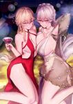  2girls absurdres arm_behind_head asymmetrical_docking bare_legs bare_shoulders black_groza_(girls'_frontline_2) blonde_hair braid breast_press breasts brown_hair cleavage clothing_cutout cup dress erasorpepero from_above girls'_frontline girls'_frontline_2:_exilium groza_(girls'_frontline_2) hair_between_eyes half-closed_eyes hand_up highres holding holding_cup large_breasts legs_folded long_hair looking_at_viewer looking_up lying medium_breasts multiple_girls nail_polish on_side ots-14_(destined_love)_(girls'_frontline) ots-14_(girls'_frontline) ots-14_(ruler_of_the_banquet)_(girls'_frontline) ponytail red_nails side_cutout sideboob sleeveless sleeveless_dress smile thighs very_long_hair yellow_eyes 