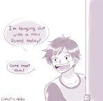  1boy artist_name caydeus commentary english_text greyscale male_focus monkey_d._luffy monochrome one_piece open_mouth scar scar_on_face short_hair solo speech_bubble 