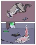 absurd_res animal_genitalia anthro artemis_raccoon ball_crusher ballbusting balls bdsm big_balls blue_eyes bodily_fluids bruised cock_and_ball_torture comic crying cum cum_spurt electronics electrostimulation english_text erection fur genital_fluids genital_torture genitals grey_body grey_fur hi_res knot male mammal nude overstimulation pain phone procyonid raccoon rafitos saliva saliva_string solo tail tears text whip