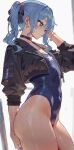  1girl black_choker blue_eyes blue_hair blue_nails blue_one-piece_swimsuit blue_ribbon breasts choker commentary earrings hair_ribbon highleg highleg_one-piece_swimsuit highres hololive hoshimachi_suisei jacket jewelry klopsiak medium_hair nail_polish one-piece_swimsuit open_clothes open_jacket ribbon side_ponytail sidelocks small_breasts solo star_(symbol) star_earrings swimsuit thighs untranslatable_commentary virtual_youtuber white_jacket 