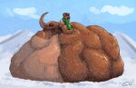 ambiguous_gender ambiguous_prey anthro anthro_pred belly big_belly brown_body brown_fur countershading eyes_closed fur gyrotech hi_res huge_belly hyper hyper_belly male male_pred mammal multiple_prey mustelid open_mouth otter pyon scarf snow tail vore