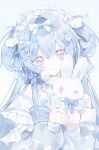  1girl bare_shoulders blue_hair blue_nails blue_shirt blue_theme bow chinese_commentary clothing_cutout collar commentary_request dot_nose double-parted_bangs fingernails frilled_collar frills hair_between_eyes hair_bow hair_intakes hair_ornament hairclip highres holding holding_stuffed_toy long_fingernails long_sleeves looking_at_viewer maid_headdress original parallel_hairclips pill_hair_ornament puffy_long_sleeves puffy_sleeves purple_eyes shirt shirt_bow shoulder_cutout sidelocks sleeve_bow smile solo stuffed_animal stuffed_rabbit stuffed_toy two_side_up upper_body weio_ousia winged_headwear x_hair_ornament 