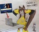 1_eye 2026 anthro arm_tuft belt belt_pouch bleach_(object) brand_parody brown_body brown_hair cheek_tuft clothing computer directional_arrow domestic_cat drinking_bleach dylanaildon_no_2 e621 electronics eyewear facial_tuft felid feline felis female furniture gameoverse glitch_productions goggles hair horrified kaboodle_(gameoverse) kit_bodega laptop machine male mammal red_arrow red_eyes robot screaming search_bar shaded shoulder_tuft simple_background speech_bubble table there's_so_much_porn! traditional_media_(artwork) tuft utility_belt whiskers yellow_clothing