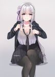  1girl alternate_costume black_bra black_jacket black_necktie black_pantyhose black_skirt bra braid breasts buttoned_cuffs buttons cleavage collared_shirt commentary crown_braid emilia_(re:zero) feet_out_of_frame flower gradient_background grey_background grey_hair hair_flower hair_intakes hair_ornament hair_ribbon highres ibispaint_(medium) indonesian_commentary invisible_chair jacket long_hair long_sleeves looking_at_viewer loose_necktie low-tied_long_hair miniskirt necktie open_clothes open_jacket opening_own_clothes pantyhose pleated_skirt pointy_ears purple_eyes purple_ribbon re:zero_kara_hajimeru_isekai_seikatsu ribbon rose see-through_clothes see-through_shirt shirt simple_background sitting skirt solo ssiapasaya sweat translated underwear white_flower white_rose white_shirt x_hair_ornament 