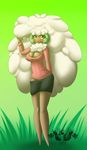  2014 anthro big_breasts blush breasts brown_skin clothed clothing cute female fluffy grass hair latiar long_hair looking_at_viewer nintendo pok&eacute;mon pok&eacute;morph skimpy solo video_games whimsicott white_hair wide_hips yellow_eyes 