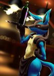  alcohol ambiguous_gender anthro apron beverage blue_fur bottle butt canine carrying dark_violet fur glass lucario mammal nintendo pok&eacute;mon red_eyes solo tray video_games waiting wide_hips wine yellow_fur 